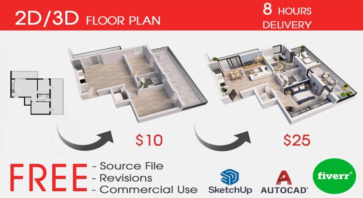 I will convert your 2D floor plan into a 3D model within 8 hours